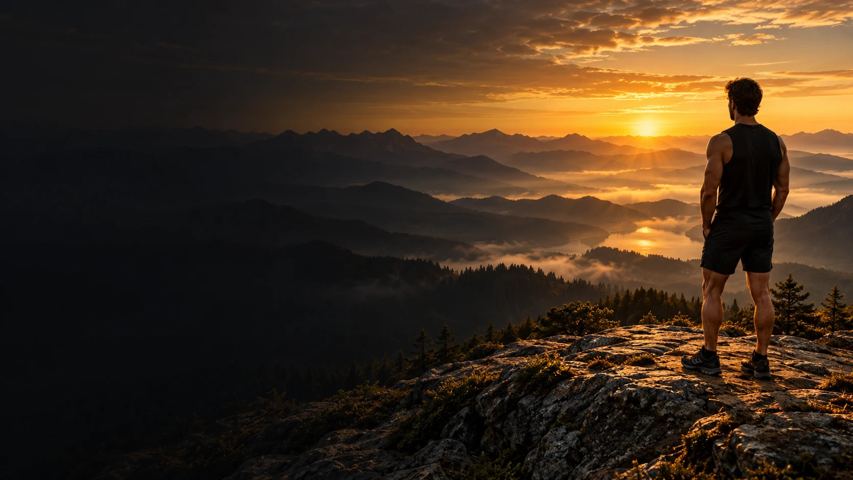Athlete overlooking a mountain landscape at sunset